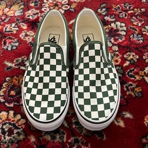 Dark Green Checkered Vans Slip On